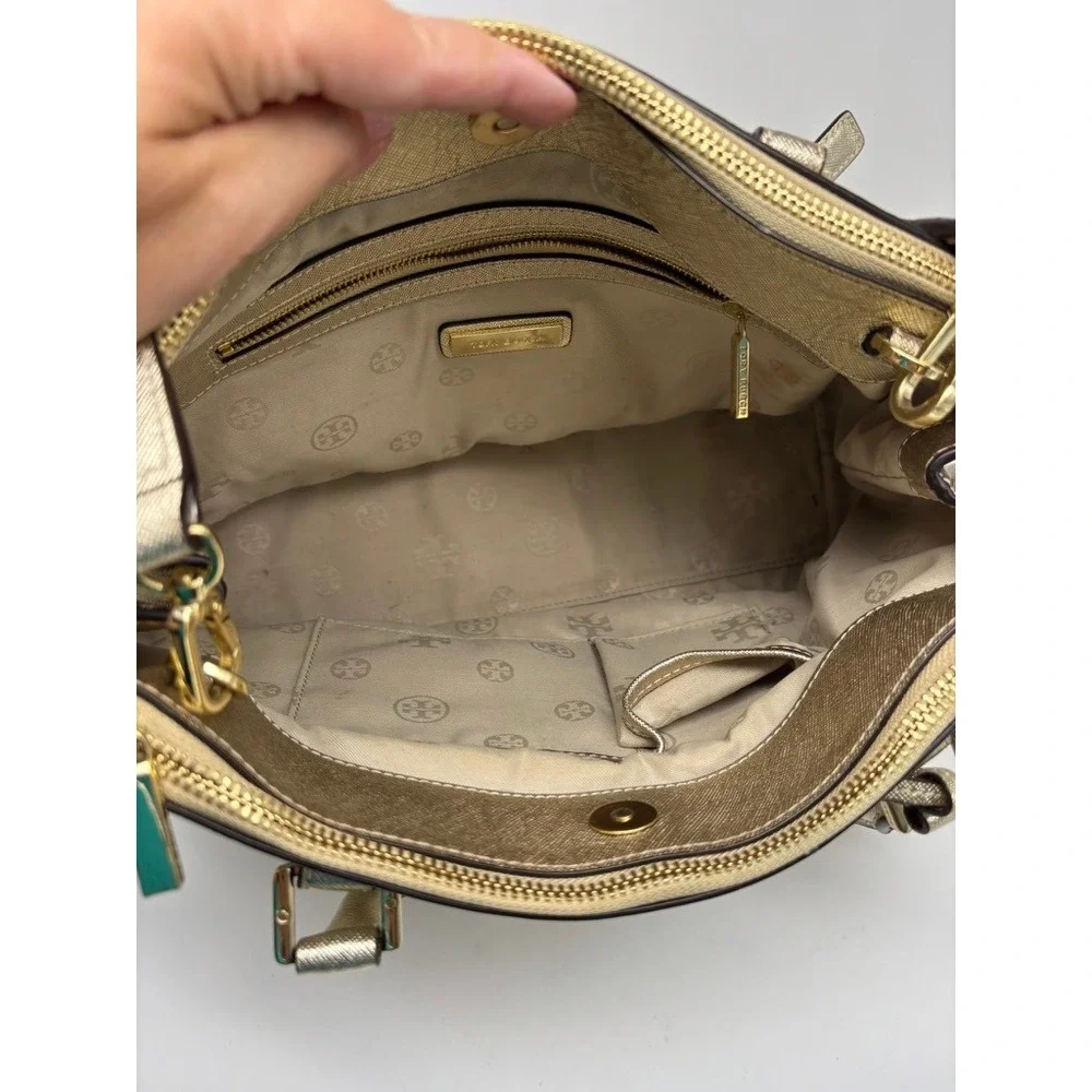 Tory Burch Robinson Satchel Medium Gold Metallic Saffiano Leather Bag